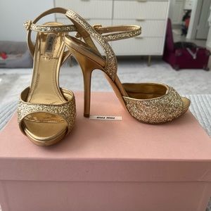 Miu Miu Gold Glitter Sandal | Size 38.5